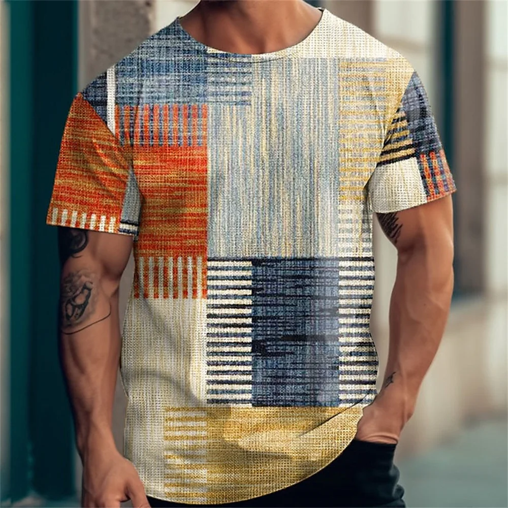 

Patchwork Chequered Striped Men's T-shirt Retro Abstract 3d Printed Casual Oversized Men's Top O Collar Outdoor Street Tees 2023