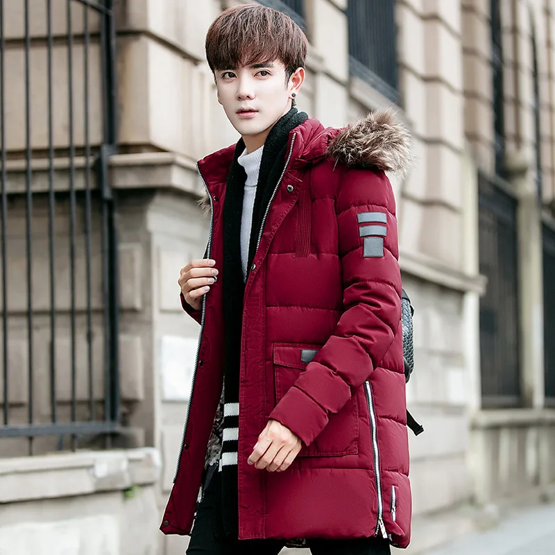 Winter Men's Cotton Coat Thickened Hooded Mid-length Fur Collar Youth Men's Large Size Cotton Coat Down Cotton