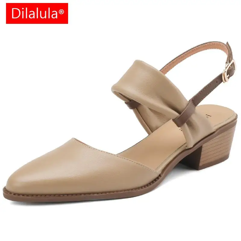 

Dilalula Fashion Women Sandals High Quality Genuine Leather Pointed Toe Thick Heels Office Party Shoes Woman Spring Summer Pumps