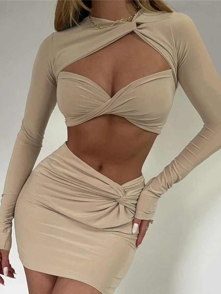 Long Sleeve Sexy Cut Out Skirts Suits Lady Outfits Matching Sets Women Twist Crop Top and Skirts 2 Piece Sets 2022 New