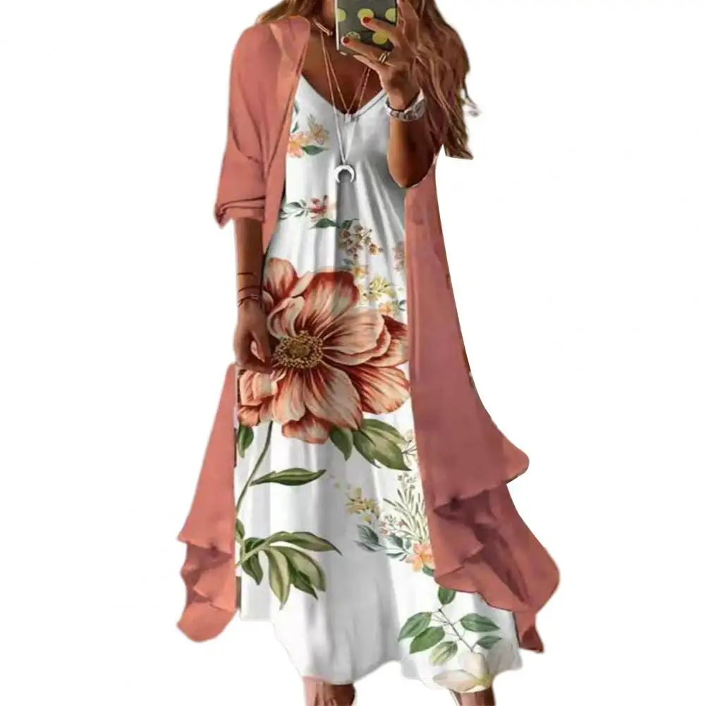 

1 Set Dress Women Summer Long Sleeve Mid-calf Length Polyester Comfortable Touch Women Dress with Shawl Coat for Outdoor