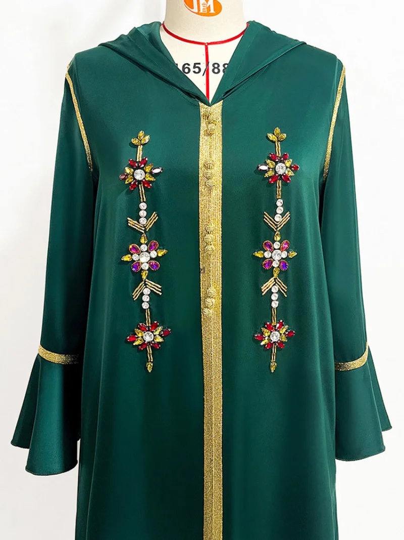 Moroccan Djellaba Party Kaftan Women Hooded Abaya Long Dress Handsewn Rhinestones Muslim Evening Dresses Gulf Jalabiya Abayas
