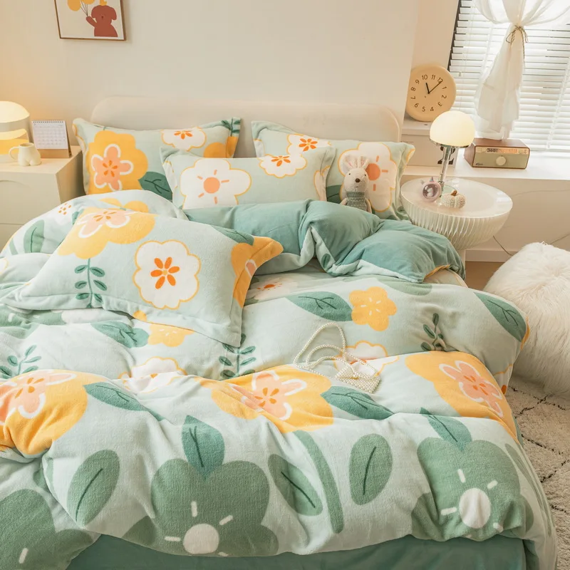 

Winter thickened milk velvet four-piece bed sheet fitted sheet style warm autumn and winter double-sided velvet small fresh