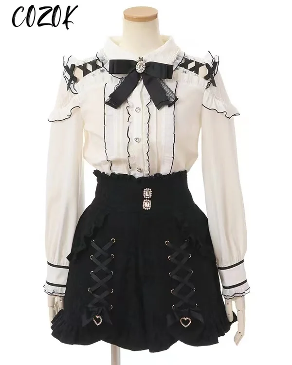 Японская рубашка блузка кружево розовая милая с милым бантом полый топ длинными