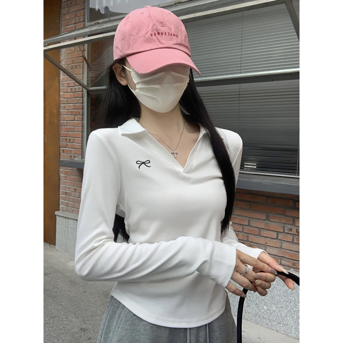 Корейская хлопковая рубашка с воротником-поло и вышивкой длинными рукавами