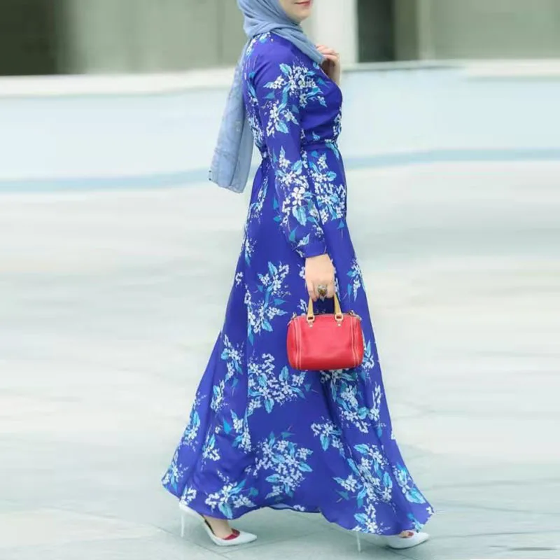 Woman Malaysia Muslim Maxi Dress Printed Long Sleeve O Neck Modest Ramadan Jalabiya Caftan Moroccan Kaftan Arab Islamic Dresses