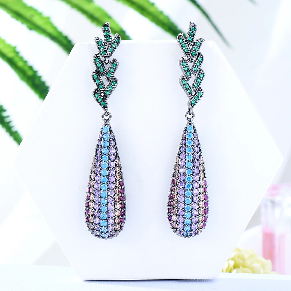 

Soramoore Luxury Long Multicolor Shiny CZ Leaf Pendant Dangle Earrings Jewelery for Women Fashion Wedding Daily Earrings Jewelry