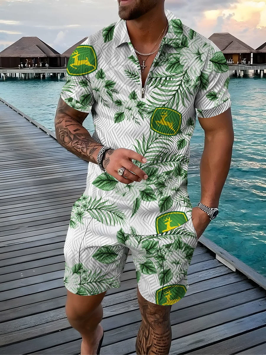 Men's Activewear Casual Short Sleeve Zip Polo Shirt and Shorts Set Men's Casual Hawaiian 3D Print Streetwear 2 Piece Set