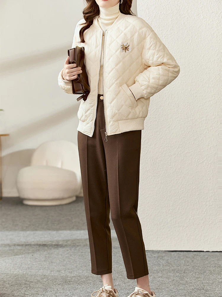 Vimly Short Quilted Parkas Coat Women 2022 Winter Warm Padded Jacket Fashion O-neck Thicken Embroidery Baseball Outwear Clothing