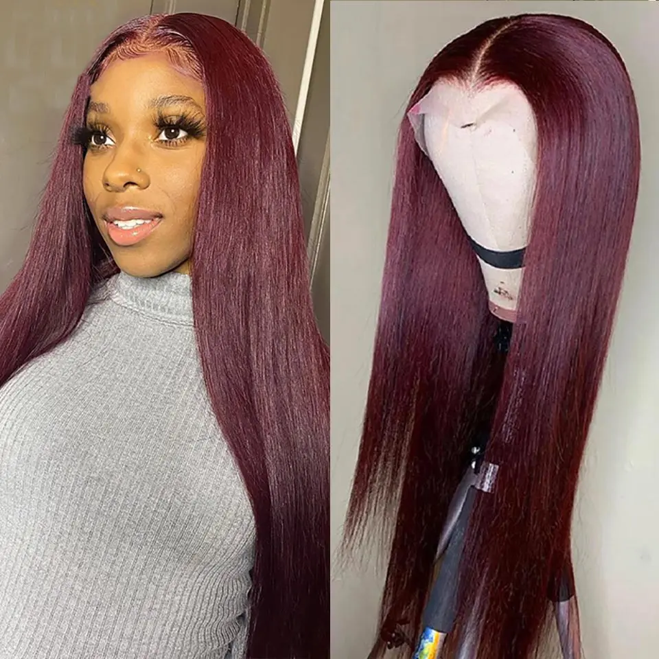 Enlarge 180% Burgundy Lace Front Wig 13x4 Transparent Lace Front Human Hair Wigs For Women Bone Straight 99j Red Colored Human Hair Wigs