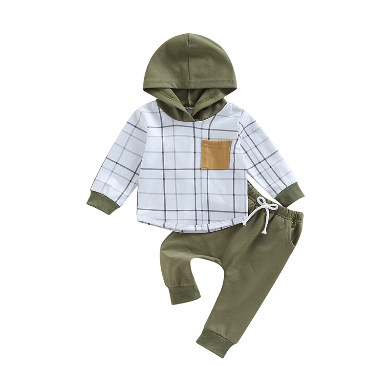 

Toddler Baby Boy Spring Clothes Set, Plaid Print Long Sleeve Hood Sweatshirt + Elastic Waist Solid Color Trousers