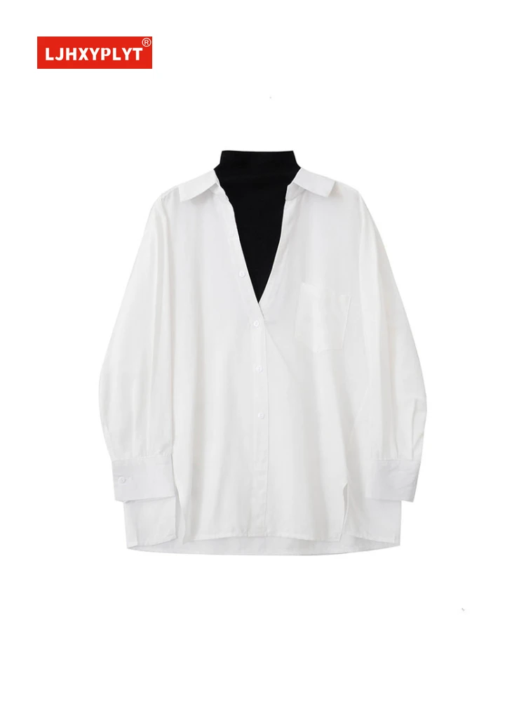 

Fake Two-piece High-neck White Shirt Women's Spring And Autumn New Style Hong Kong-style Design Loose Long Sleeve Blouse Female