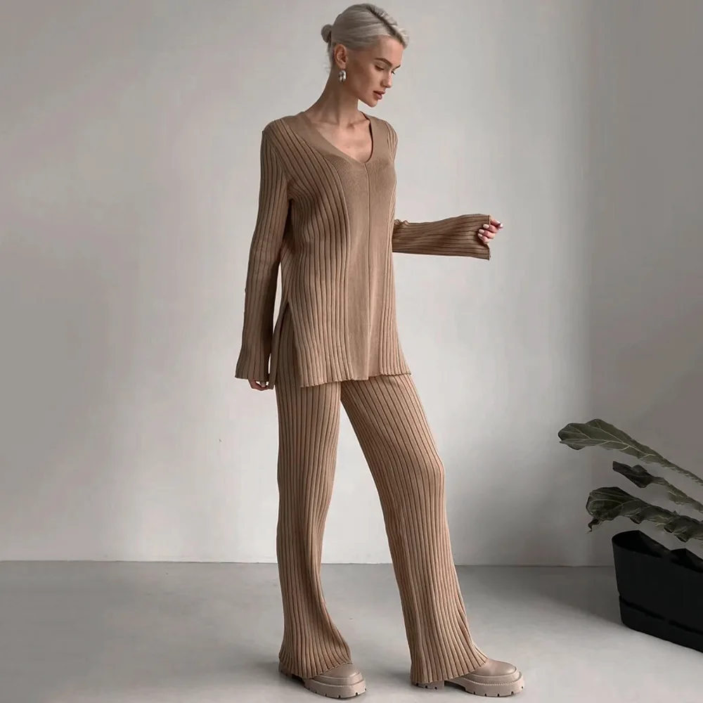 

Two Piece Sets Autumn Winter Women Sweaters V Neck Solid Full Sleeve Tops Slit Knitted Loose Simple Casual Long Pants Set