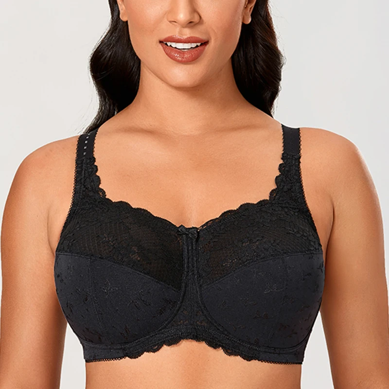 Sexy Women's Comfortable Wireless Lace Bra Unlined Full Coverage Floral Mesh Underwear 36 38 40 42 44 C D DD E F G Solid Black