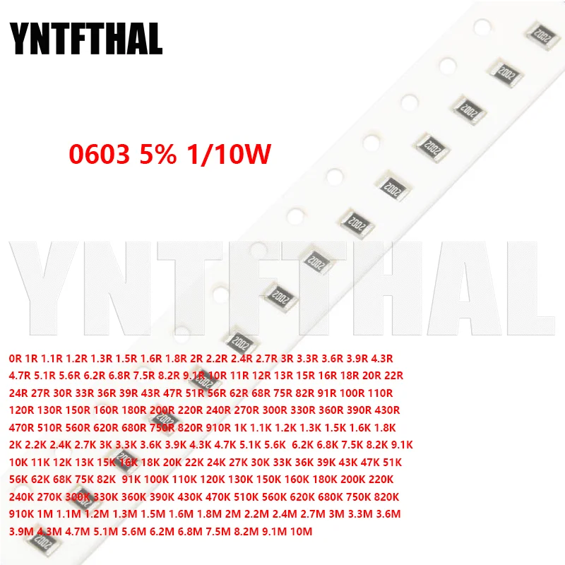 

100pcs 0603 SMD Resistor 5% 1/10W 0R-10M 0R 1R 1.1R 1.2R 1.3R 1.5R 1.6R 1.8R 2R 2.2R 2.4R 2.7R 3R 3.3R 3.6R 3.9R 4.3R 4.7R 5.1R