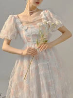 summer new women french elegant square collar mini dress female puff sleeve mesh party dress a line bow vestido sundress