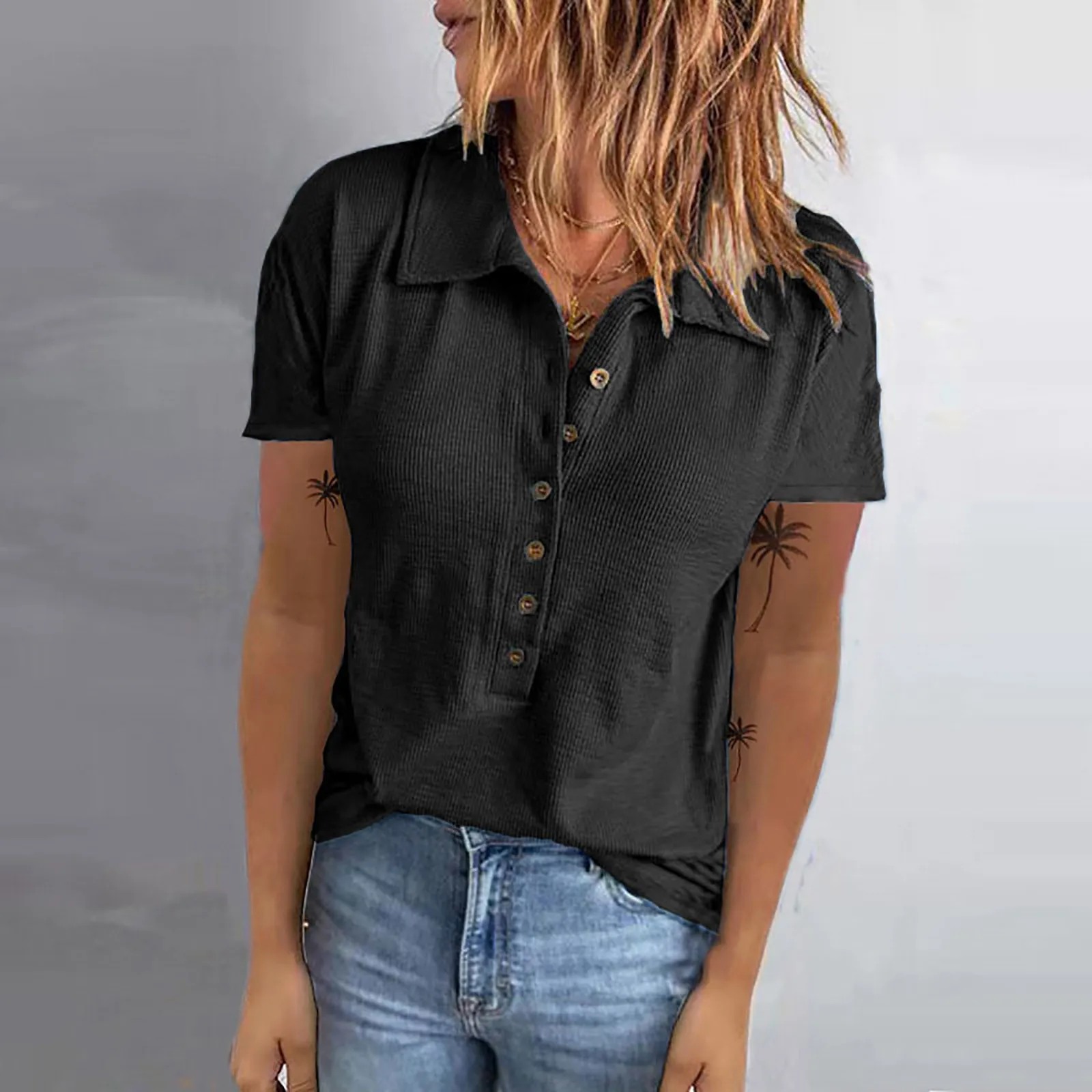 

Женские футболки с круглым вырезом, Однотонная футболка на пуговицах, топы, блузка с коротким рукавом, женские простые базовые пуловеры, фут...