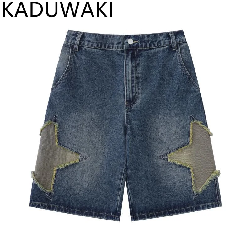 

Женские джинсовые шорты со звездами в стиле ретро, уличная одежда в стиле Харадзюку, модные повседневные свободные синие шорты из денима в стиле унисекс, на лето