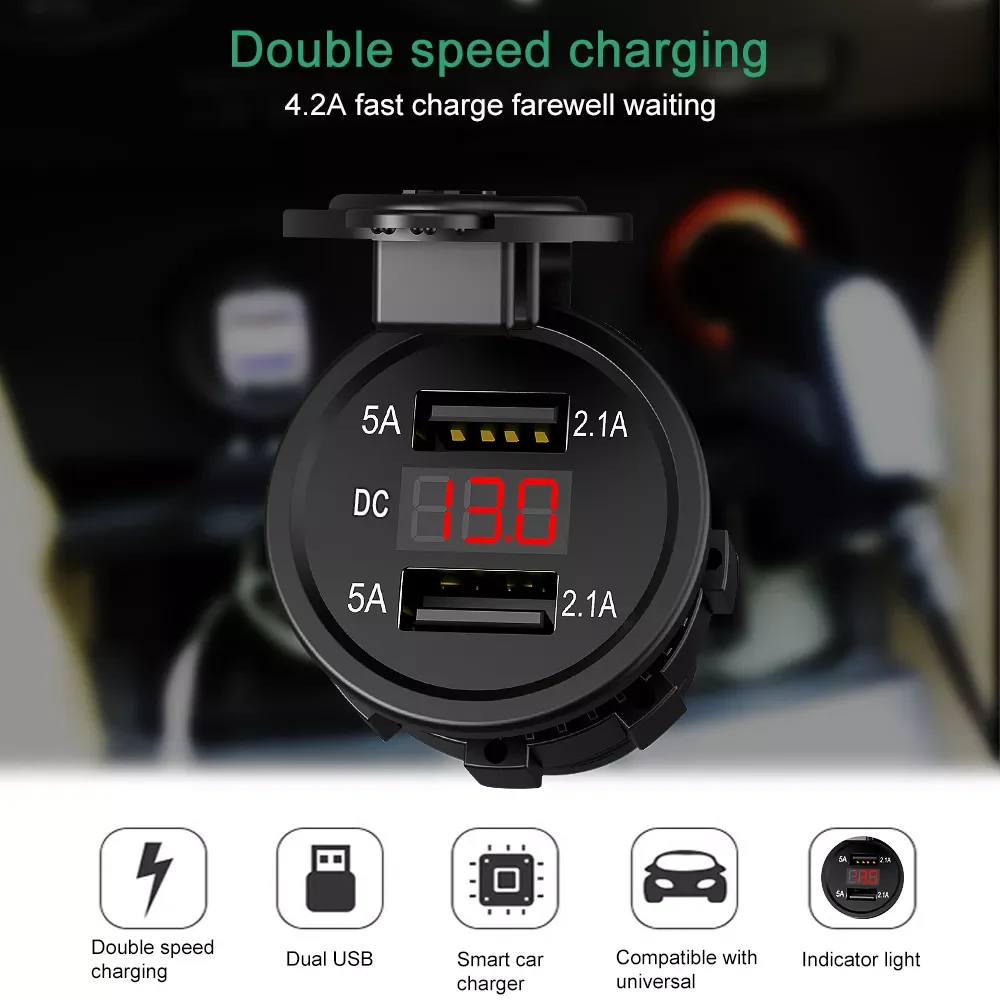 

12-24V 4.2A Dual USB Motorcycle Cigarette Lighter Car Cigarette Lighter Charger Socket Charger+LED Digital Voltmeter Monitor