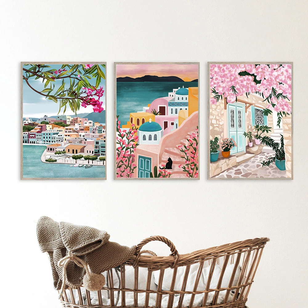 

Floral Plants Travel Greece Poster Marine Canvas Painting Floral Plants Art Print Nordic Beach Mural Living Room Home Decor
