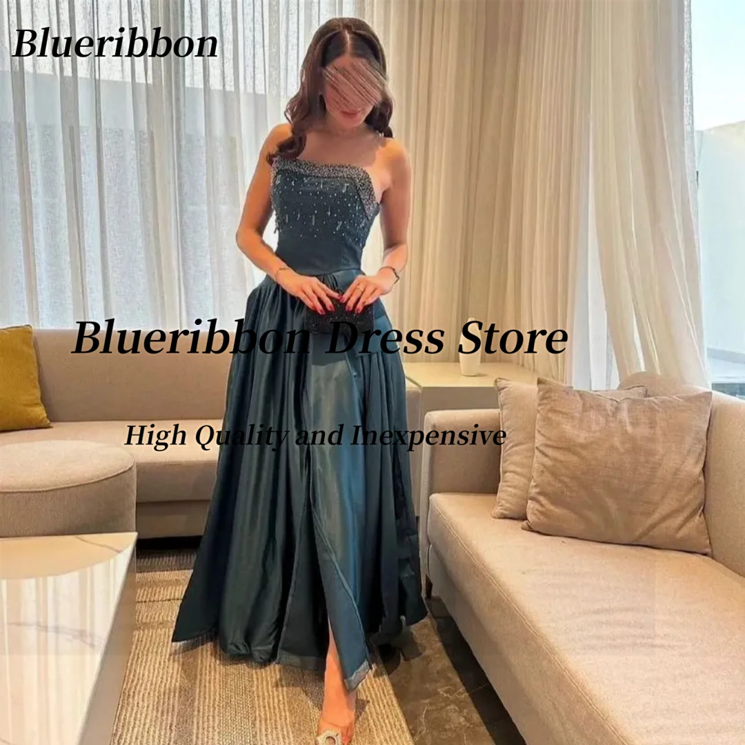 Blueribbon Customized Handmade Beaded Strapless Prom Dresses Sexy Back Long Ruched Princess Dress for Special Evening Party Gown