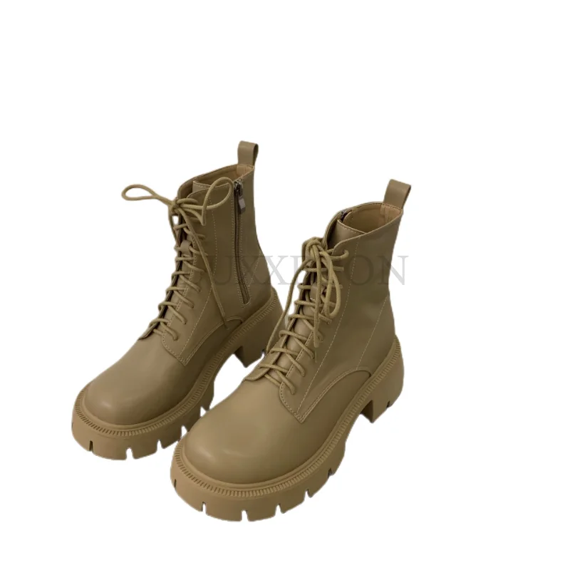 

Winter Thick Sole Shoes Women Ankle Boots Fashion Square Toe Lace Up Ladies Non Slip Short Boot Platform Flats Heel Chelsea