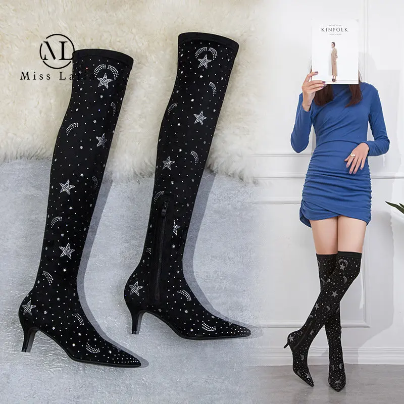 

2023 New Style Europe America High Heels Winter Boots Pumps Woman Party Pointed Suede Rhinestones Sexy Hot Over Knee Thigh Boots