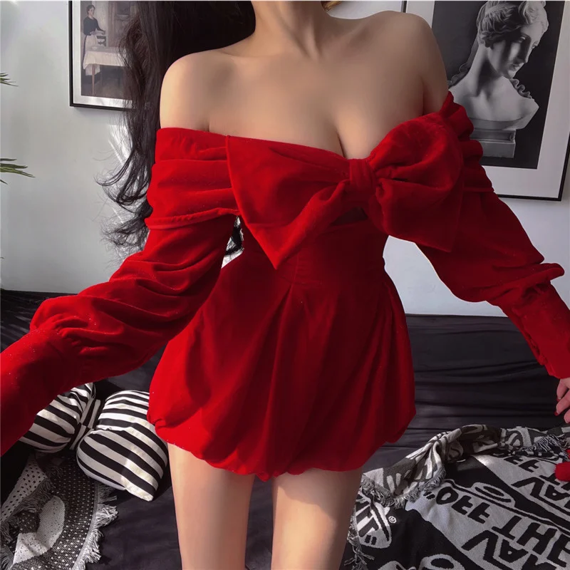 

2022 Swwet 4XL High Quality Sexy Bodysuit Streetwear Women French Slash Neck Bow Velvet Long Sleeve Playsuits Jumpsuits H8HR