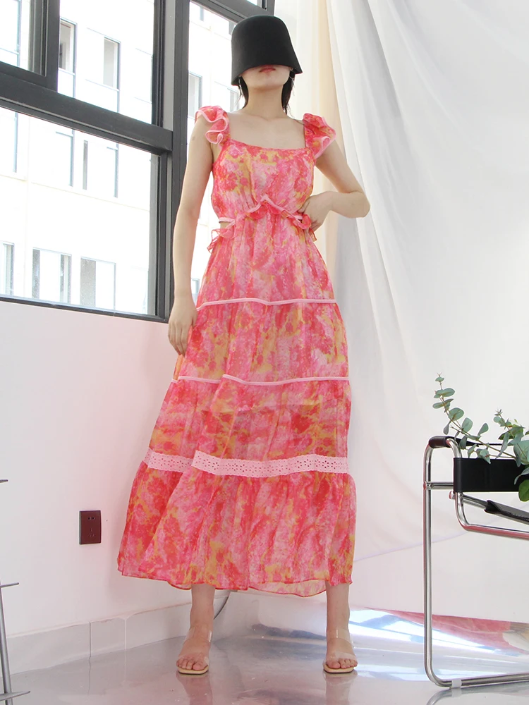 

One Pcs Floral Print Women Square Collar Dresses Sleeveless High Waist Ruffles Lady Ball Gown Dress Clothing