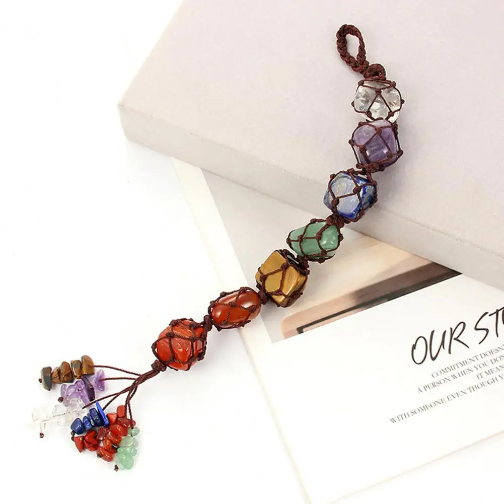 

Car Decor Tassel Hanging Ornament Seven-color chakra natural crystal stone car pendant 7 Chakra Tumbled Gemstone Stones Car Deco