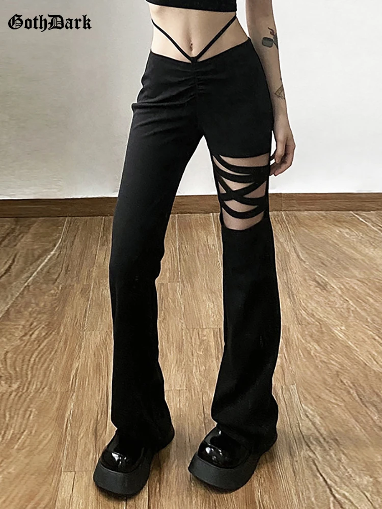 

Goth Dark Y2k Punk Lace Up High Rasie Pants Gothic Hollow Out Slim Black Women Trousers Grunge Casual Summer Straight Streetwear