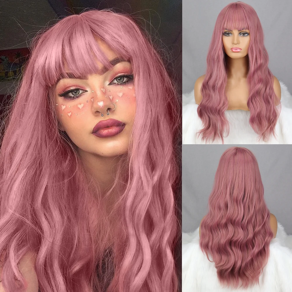 

Deep Pink Gradient Water Ripple Long Wig Female Real Hairband Bangs Gold Brown Wine Red Color Synthetic Wig Female Fiber
