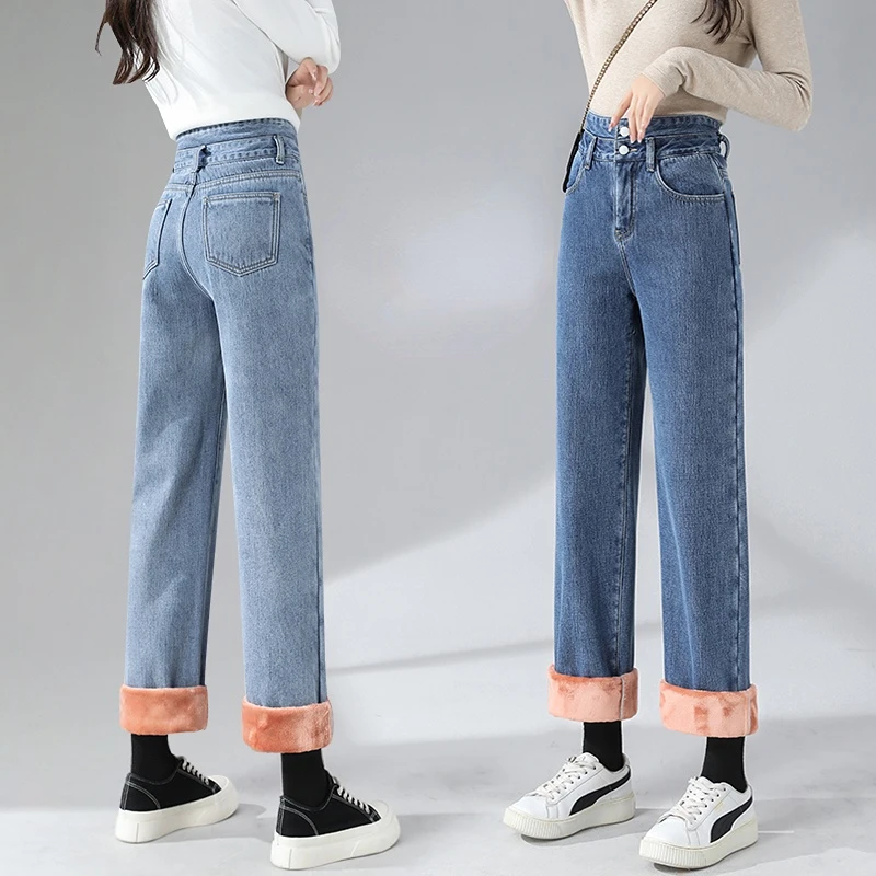 2023 New Women Winter Fleece Velvet Warm Jeans Thick Trousers High Waist Elastic Pants Mom Jean Stretch Pencil Pant Hot Legging