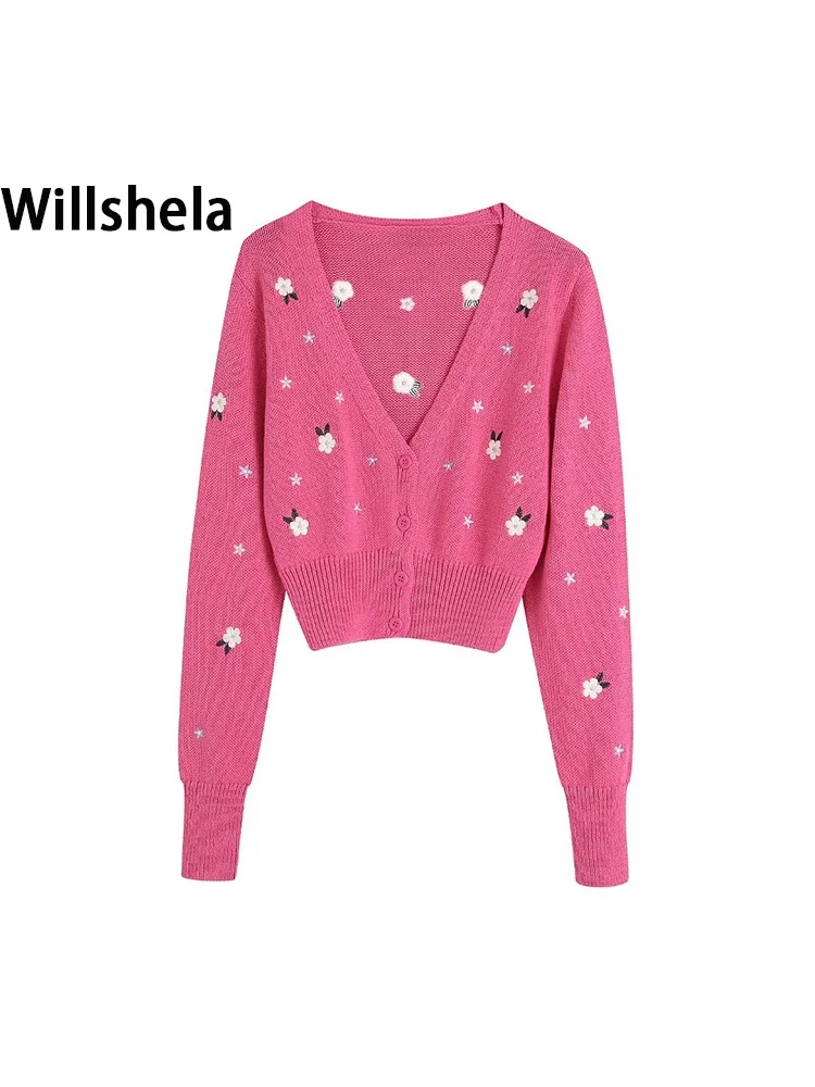 

Willshela женский модный однобортный вязаный кардиган с вышивкой, винтажный Повседневный женский свитер с v-образным вырезом и длинными рукавам...