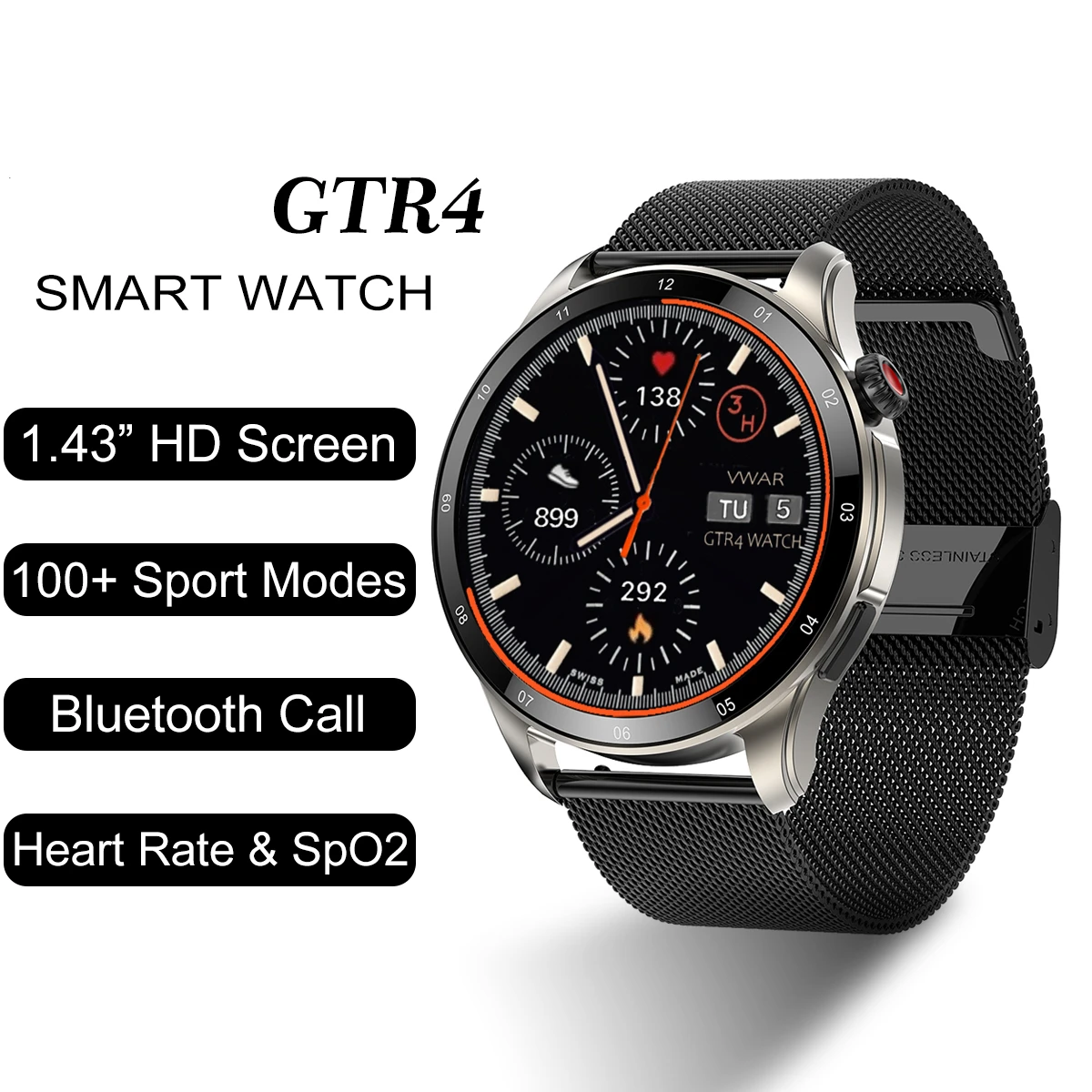 

Смарт-часы для Amazfit GTR4 мужские с Bluetooth, пульсометром и тонометром