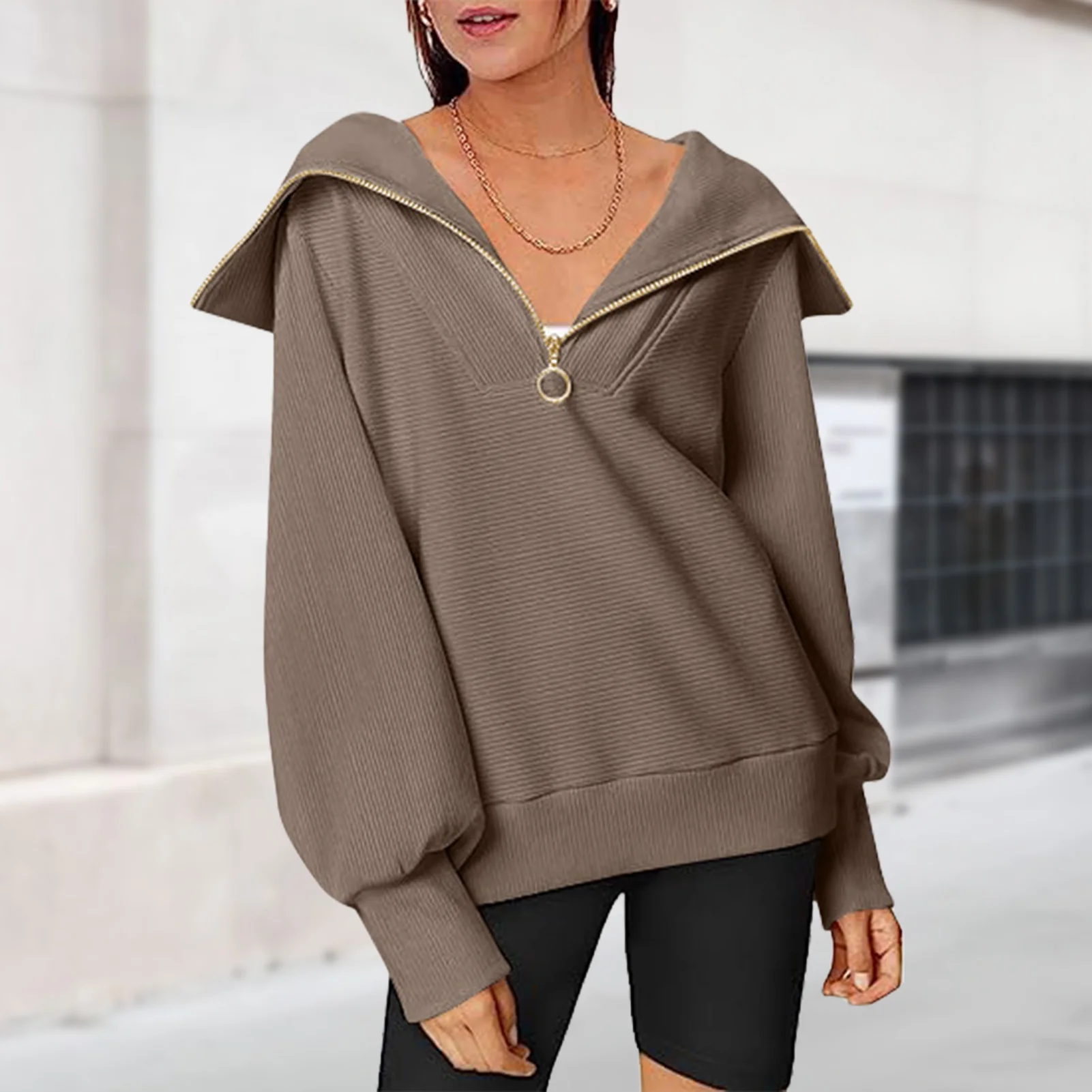 

Свитшот с длинным рукавом, новинка, пуловер с отложным воротником на молнии до локтя, удобная осенняя одежда Y2K, свободная модная повседневная одежда, уличный костюм