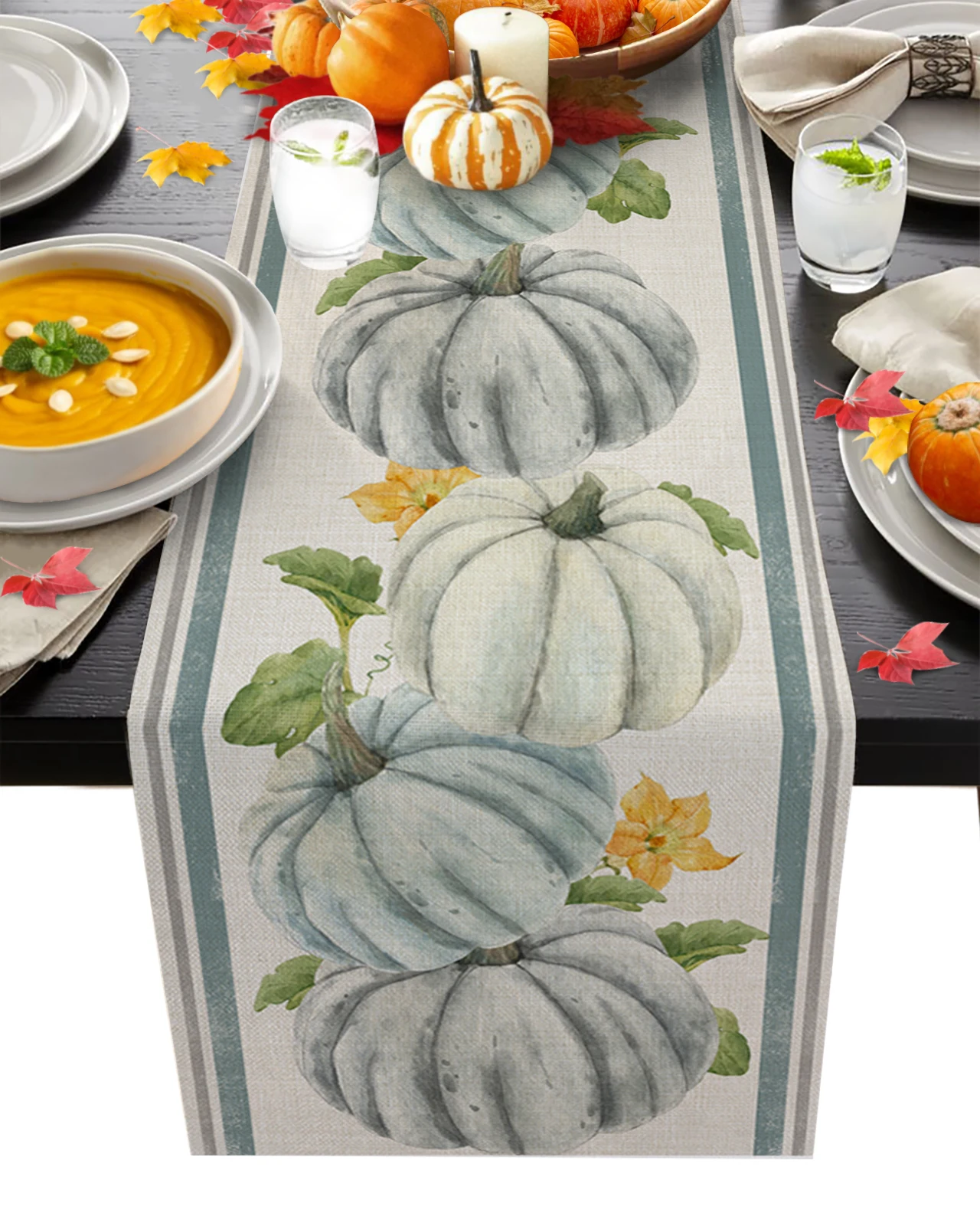 

Thanksgiving Fall Pumpkin Maple Leaf Table Runner Season Limited Banquet Holiday Party Tablecloth Modern Printed Table Runners