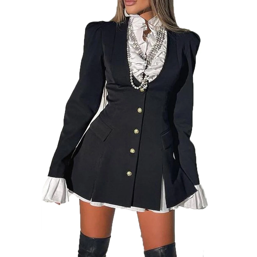 Женское ТРАПЕЦИЕВИДНОЕ ПЛАТЬЕ-блейзер, новинка 2023, модное элегантное офисное платье мини с глубоким V-образным вырезом, пуговицами и оборками на рукавах, женское платье-рубашка