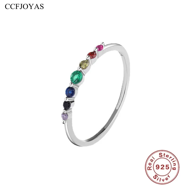 

CCFJOYAS 100% Real 925 Sterling Silver Rainbow Rings for Women Korean Style Simple Fashion Wedding Party Jewelry Accessories