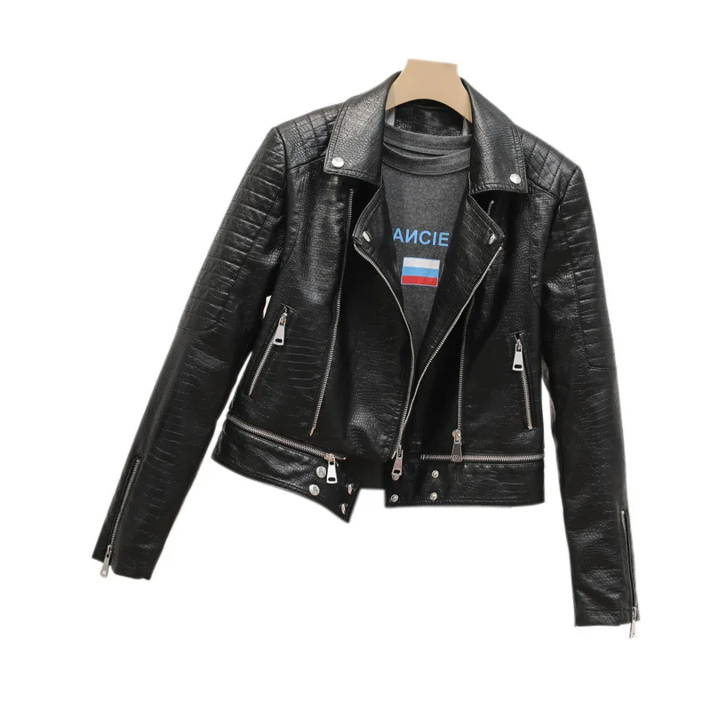 Cross-border Express hem Stripper women's lapel patterned leather coat motorcycle leather jacket