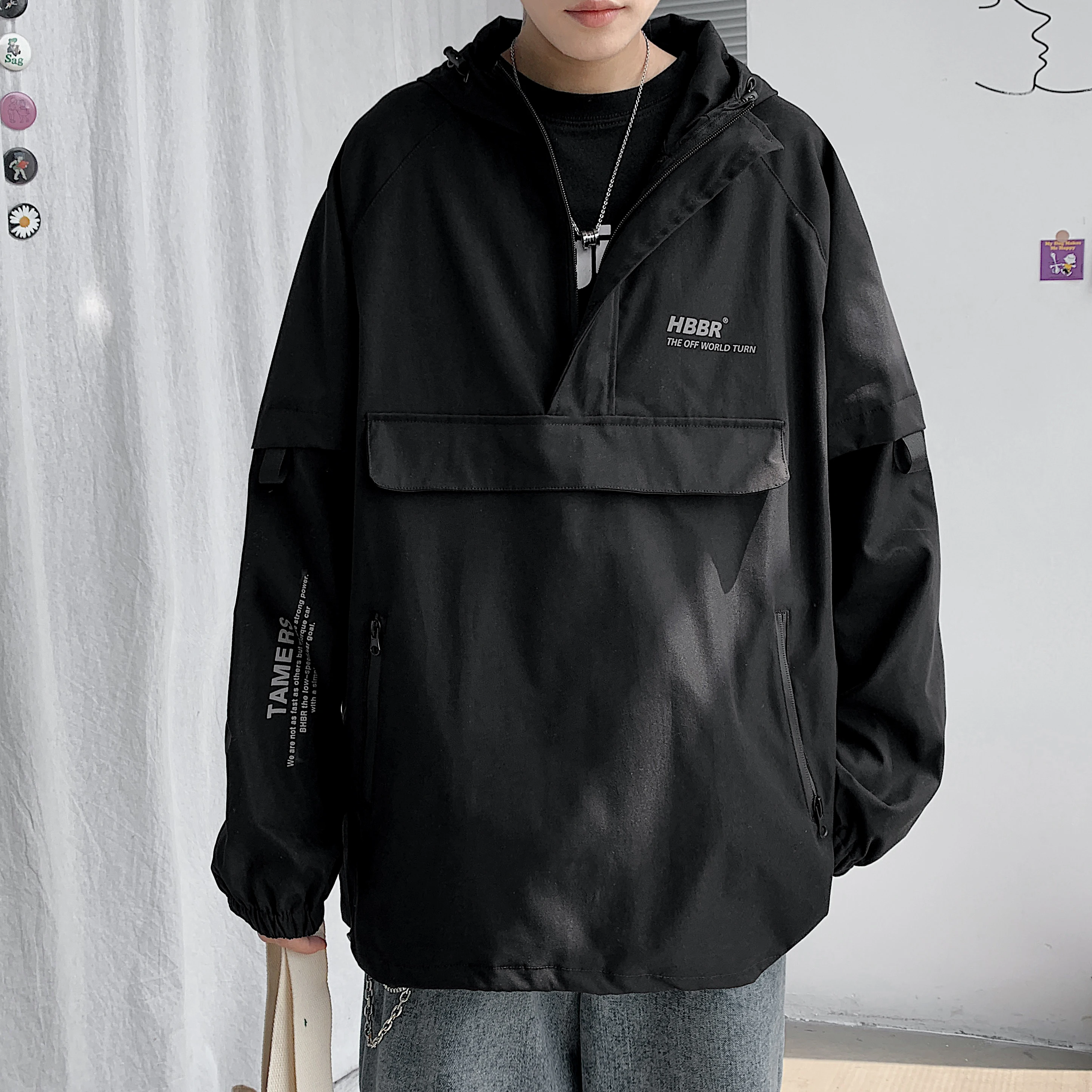 

Spring Cargo Korean 2021 Mulit Steetwear Men Coats Pocket Windbreaker Fashion Jackets Coat Jacket Hooded Hop Bomber Hip