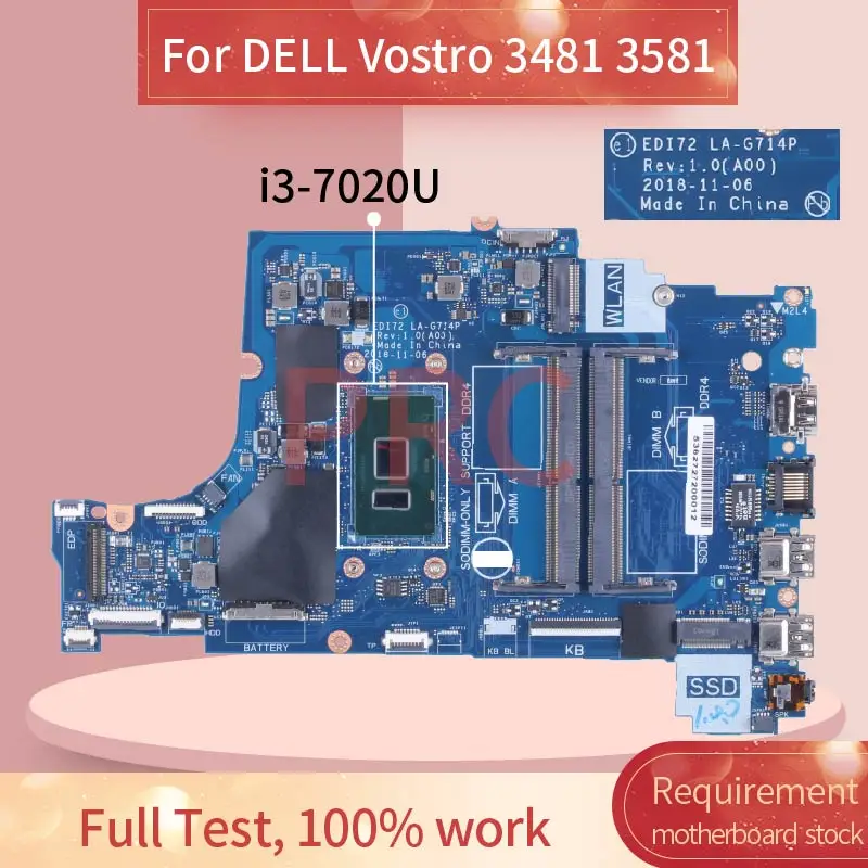 

For DELL Vostro 3481 3581 i3-7020U Laptop Motherboard EDI72 LA-G714P DDR4 Notebook Mainboard