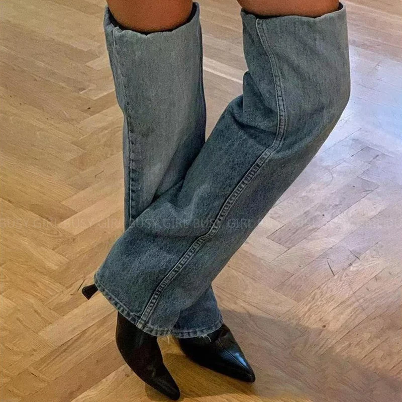 

Black pointed stitching pants Fashion over knee boots 2023 spring and autumn large size western denim boots