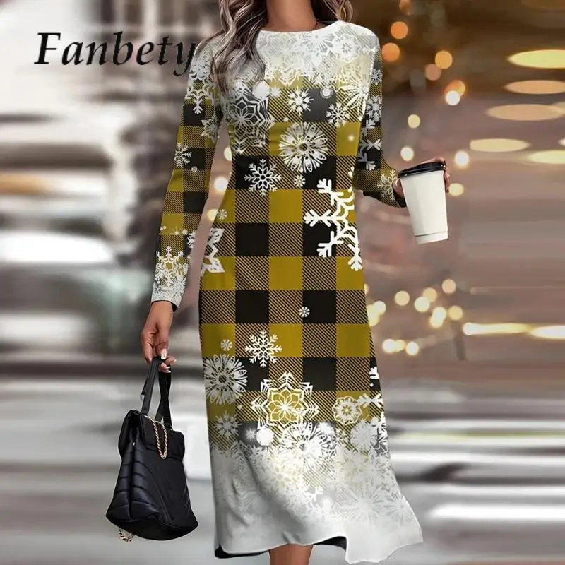 

Новогодние красивые рождественские платья с принтом снежинок, зимнее Элегантное Длинное Платье с круглым вырезом и длинным рукавом, повседневное женское свободное платье