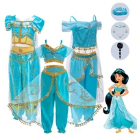 2022 girls princess jasmine costume dresses aladdin magic lamp party cosplay clothing topspant skirtsheadband carnival vestido