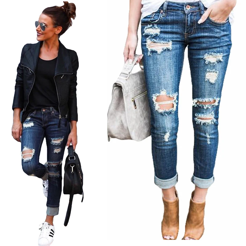 Denim jeans knee hole New Fashion Women's Pencil Pants Skinny Jeans Tears Split Hollow Butt Bleached Washed Denim