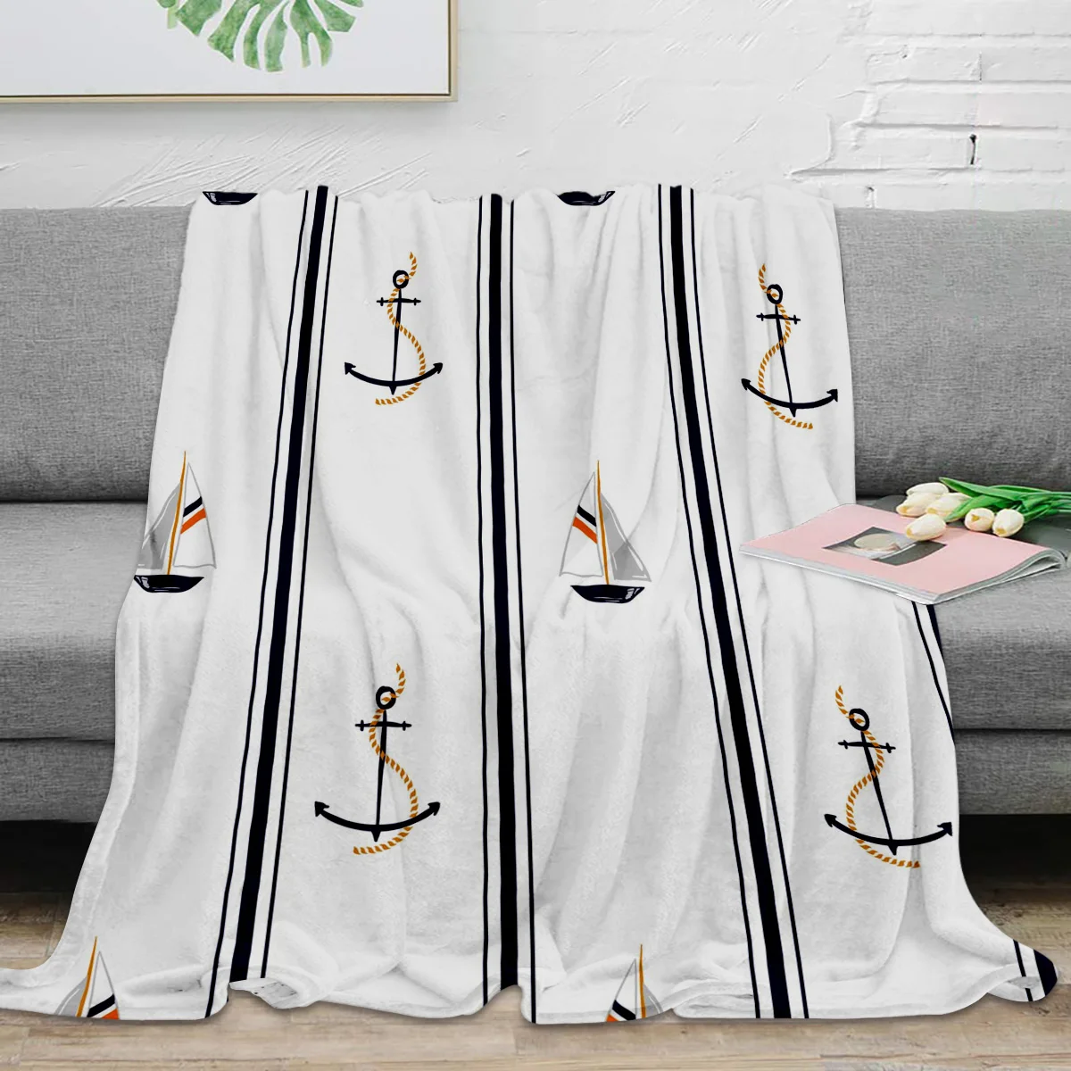

Белое одеяло в полоску с якорем для лодки, портативное теплое одеяло, одеяло для кровати, домашний декор, одеяло для дивана
