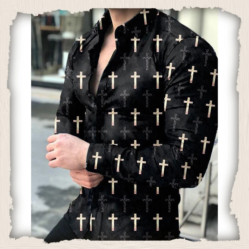 

Spring Fashion Social Men Shirts Turn-down Collar Buttoned Shirt Casual Snowflake Print Long Sleeve Tops Men's Clothing Cardigan