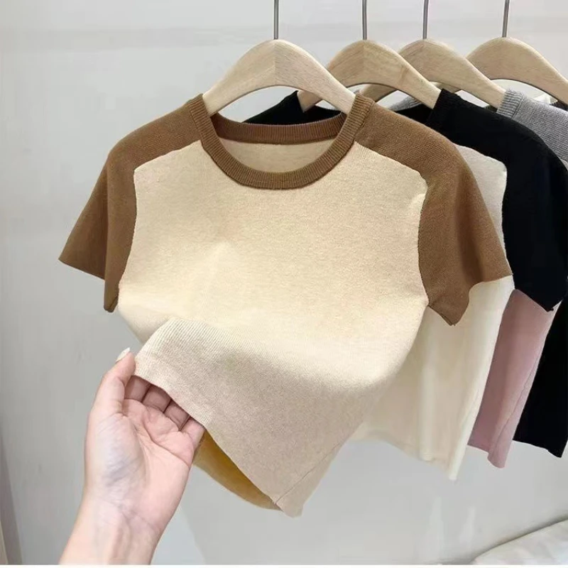

2023 new slim Korean style short-sleeved T-shirt women's summer color short-sleeved simple short top