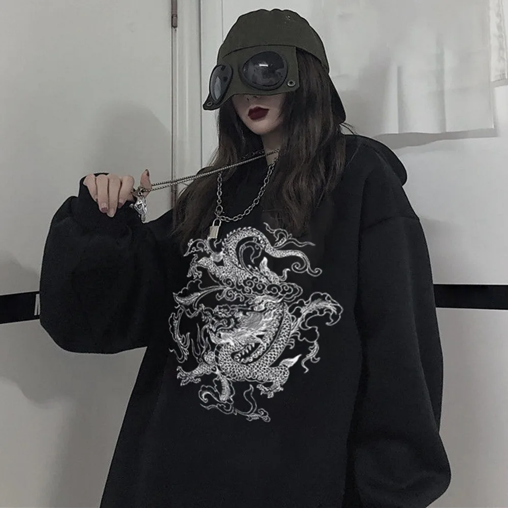 

Толстовка Y2K с капюшоном в стиле ретро с изображением китайского дракона черного пламени, женский пуловер 90-х, свитшоты для мальчиков и дево...